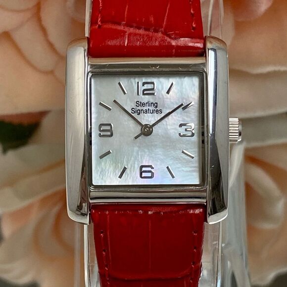 Sterling Signatures 925 Silver Tank Style Watch Mother of Pearl Dial Red Leather - Picture 1 of 16